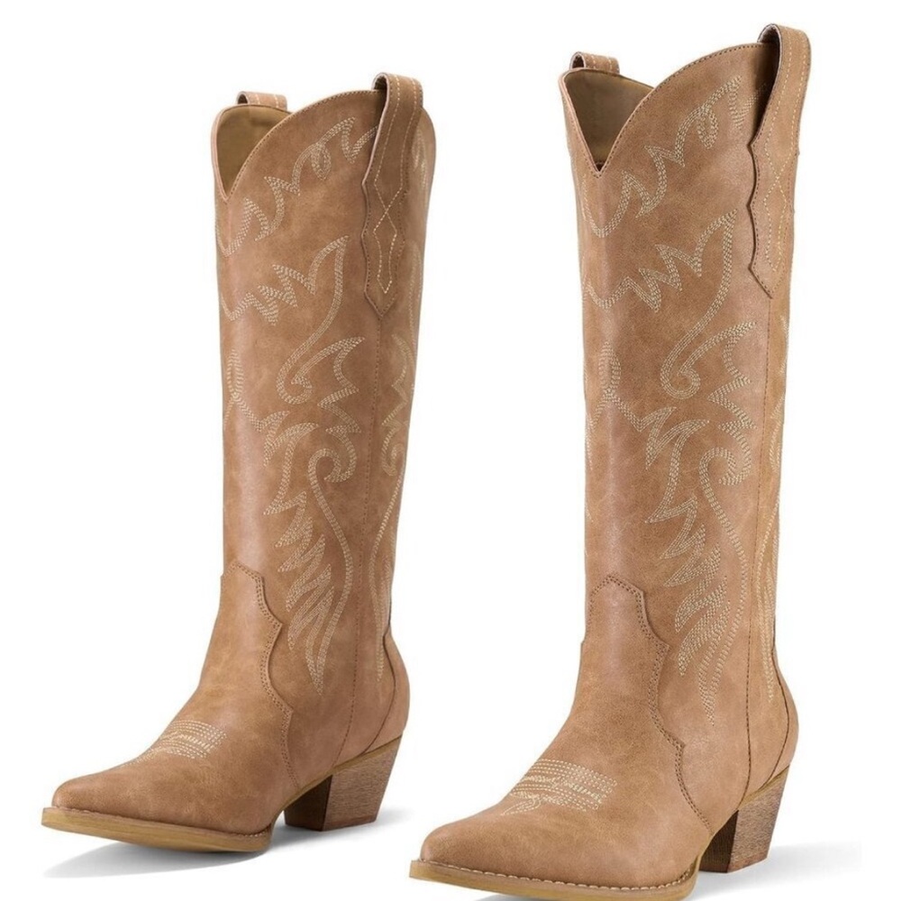 🆕Rollda Cowboy Boots Women Tan Synthetic Embroidered Knee-High Western Toe Boots